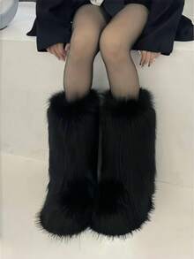 Women's Winter Furry Snow Boots For Women Fuzzy Fluffy Round Toe Suede Booties Flat Heel Slip On Outdoor Indoor Shoes EdgyElongate Fashion Warm Fluffy Christmas Shoes - 黑色長款 - 查看 3