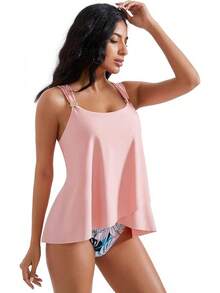 Traje de baño tankini con volantes de cintura alta y control de abdomen para tallas grandes - Rosa - Ver 9