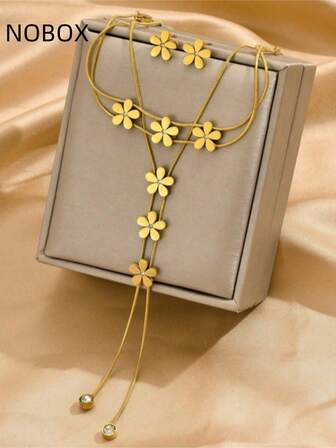 4ชิ้น/ชุด สร้อยคอ สร้อยข้อมือ ต่างหู ชุดเครื่องประดับ สแตนเลสสตีลชุบทอง เชื่อมต่อโซ่ กลีบดอกไม้เรียบ 5 กลีบ ฝังพลอยเทียม วินเทจเฉพาะบุคคล เน้นความโดดเด่น ไม่จำกัดเพศ เหมาะสำหรับงานปาร์ตี้