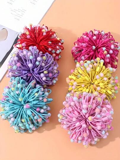 100pcs/Set Colorful Beaded Scrunchies, Candy Color Beaded Hair Ties, Spherical Design With Colorful Beads - Suitable For Girls And Women, Matching Different Styles, Whether Fresh Or , Can Easily Create A Fashionable And Unique Look ,Ponytail Holders ,Hair Elastics ,Hair Rubber Bands ,Hair Rope