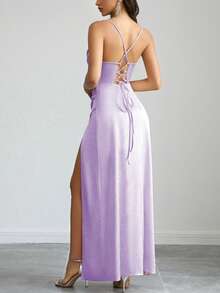 Women's Elegant Light Purple Satin Spaghetti Strap Ruched Decor Back Tie Open Slit Dress, Suitable For Banquet, Party, Wedding Bridesmaid - Màu tím hoa cà - Xem 2