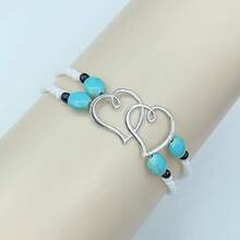 Women's Beaded Anklet With Silver Double Heart Elastic Stretch Ankle Bracelet Women's Summer Bohemian Jewelry