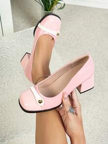Retro French Mary Jane Shoes, New Spring Women's High Heels, Korean Office Fashion Plus Size Colorblock Round Toe Chunky Heel Pumps - Pink - View 5
