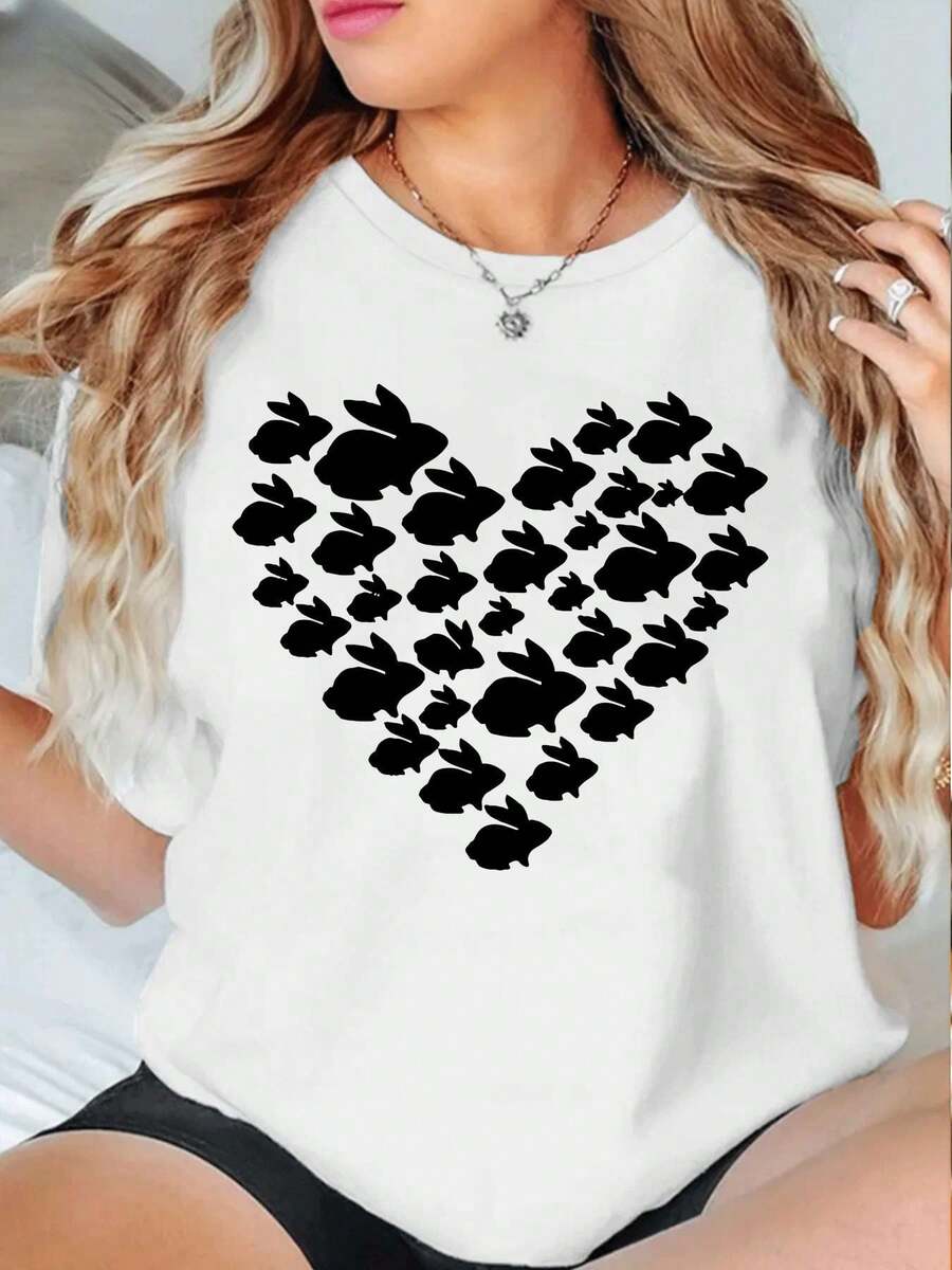 Camiseta gráfica con corazón de conejo ,Camiseta informal de algodón de verano para mujer, manga corta, cuello redondo, 220 g/m2 (1 pieza) - Blanco - Ver 1