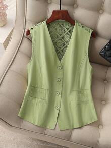 Taille Korsett mit Spitzen-Patchwork, modischer eleganter ärmellose Leinen-Spitzen-Patchwork Weste, geeignet für Dates, Büro, Rückkehr zur Schule, Partys, Reisen, Frühling/Herbst/Winter