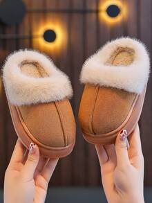 Children's 2025 New Autumn And Winter Plus Velvet Thick Warm Slippers For Boys And Girls Small, Medium And Large Children's Baby Slippers Indoor Home Simple And Fashionable - Màu Khaki - Xem 1