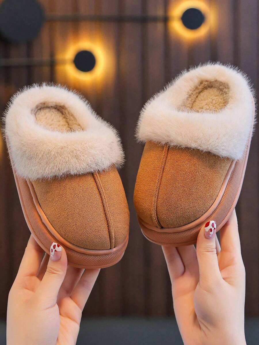 Children's 2025 New Autumn And Winter Plus Velvet Thick Warm Slippers For Boys And Girls Small, Medium And Large Children's Baby Slippers Indoor Home Simple And Fashionable - Màu Khaki - Xem 1