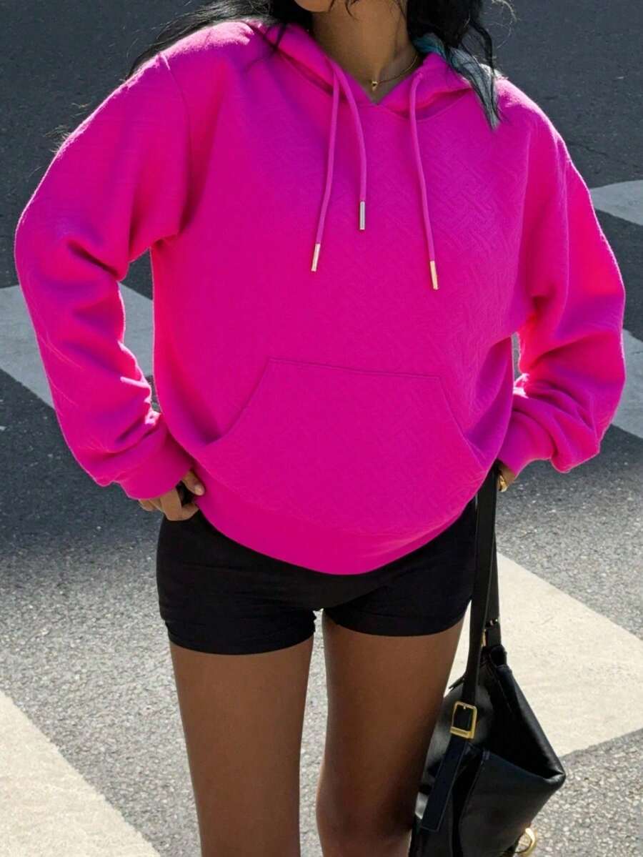 Capucha con estampado de cuadros con cordón con bolsillo de canguro - Rosa - Ver 1