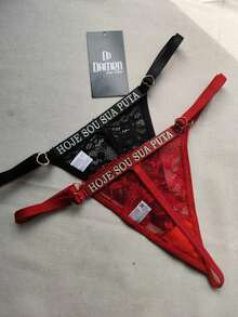 Sexy Lace Thong Panty With Neon Phrase Today I'm Your  And I Glow In The Dark - màu đen - Xem 2