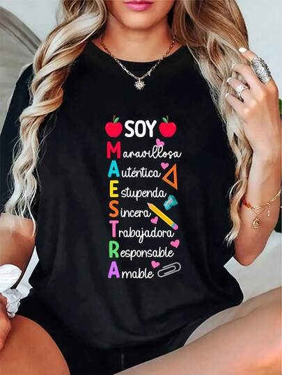 Impreso con el lema del profesor de español, camiseta casual de manga corta y cuello redondo para verano y primavera, ropa de mujer
