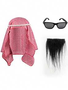 Set di 3 accessori per outfit da uomo in stile anni '80 mediorientale: sciarpa rossa, fascia per capelli in corda, maschera per gli occhi nera e baffi laser neri, adatto per Ognissanti, feste in costume, ruoli, uso quotidiano, festival, cosplay