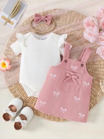 Baby Girls 2pcs Set: Cap Sleeve Bodysuit + Suspender Skirt With 3D Bow Decor & Embroidery, Comfortable White Outfit With Hair Scrunchie