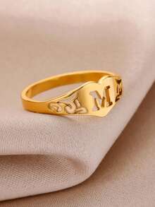 1pc Stainless Steel Heart-Shaped Rose Flower & Letter Engraved Ring, Valentine's Day Gift - JZ8012 - View 7