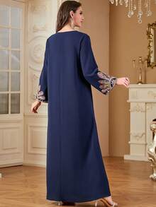 Women's Muslim Robe Abaya, V-Neck Embroidered Eid Dress, Dubai Clothing, Arabic Islamic Robe - Navy Blue - View 3