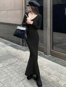 女士性感V领修身隐形甜美清凉紧身鱼尾裙 - 黑色 - 查看 7