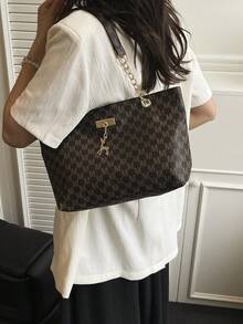 Bolso de mano de gran capacidad de moda 2024 para mujer, bolso de hombro de cadena vintage con estampado, adecuado para ir al trabajo - Café integral - Ver 9