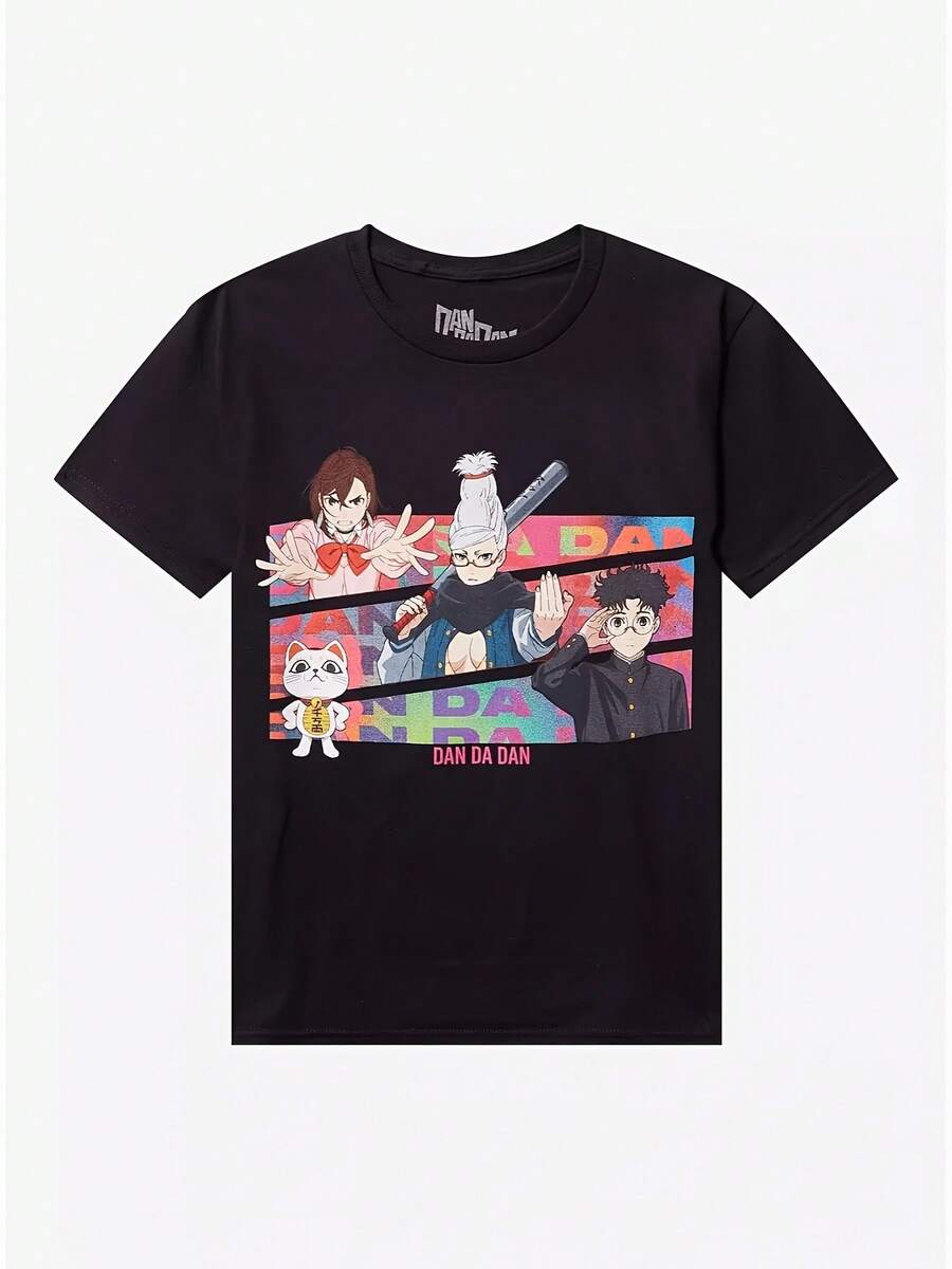 Dandadan Anime Graphic T-Shirt For Men & Women - 180GSM Heavyweight Slim Fit Short Sleeve Tee With Colorful Cartoon Characters, Black Casual Shirt For Casual Attire, Anime T Shirt, Streetwear Fashion, Playful Design, Durable Fabric, Pop Culture Enthusiasts - Negro - Ver 1