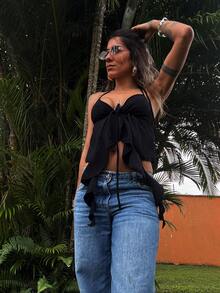 Boho Top Ruffles Simple Tie Beach Vacation - Black - View 2