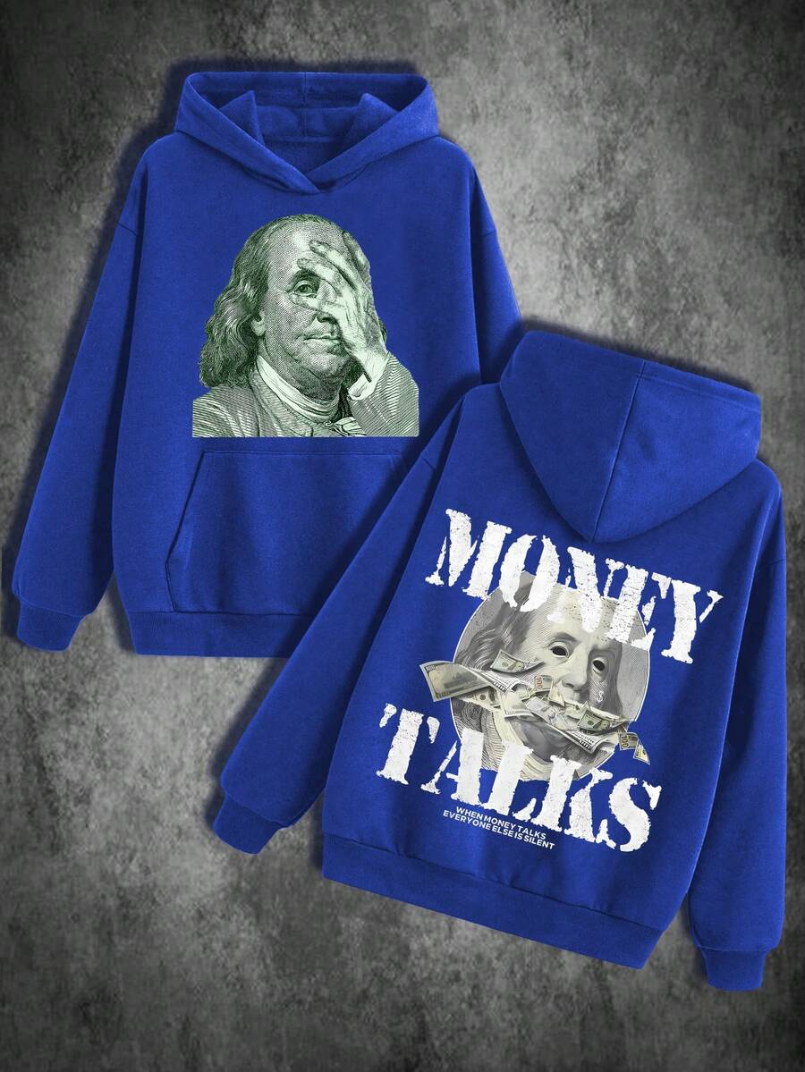 Men's 450g Heavyweight High - Quality Hoodie | Money Culture Theme (Benjamin Franklin Covering His Face With "Money Talks" Text Print) | Casual Long - Sleeve Pullover Hoodie With Pocket For Autumn & Winter (Suitable For Daily Wear & Gifting) - 藍色 - 查看 1