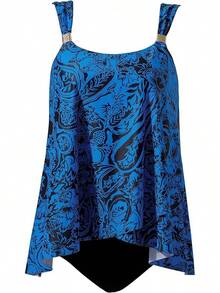 High Waisted Ruffle Tankini Swimsuit Plus Size Tummy Control - Blue Paisley - View 8