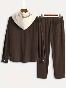 2 piezas/Set Chaqueta con capucha de tela de pana para hombres, botones de color contrastante, cordón, diseño de bolsillos en diagonal, casual, de moda, estilo escolar, adecuado para uso diario, ir y venir, todo a juego, primavera, otoño, invierno