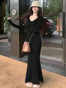 女士性感V领修身隐形甜美清凉紧身鱼尾裙 - 黑色 - 查看 4