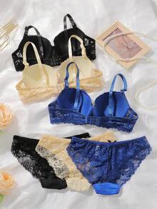 3套女士钢圈文胸刺绣图案浪漫蕾丝聚拢文胸套装 - 彩色 - 查看 3