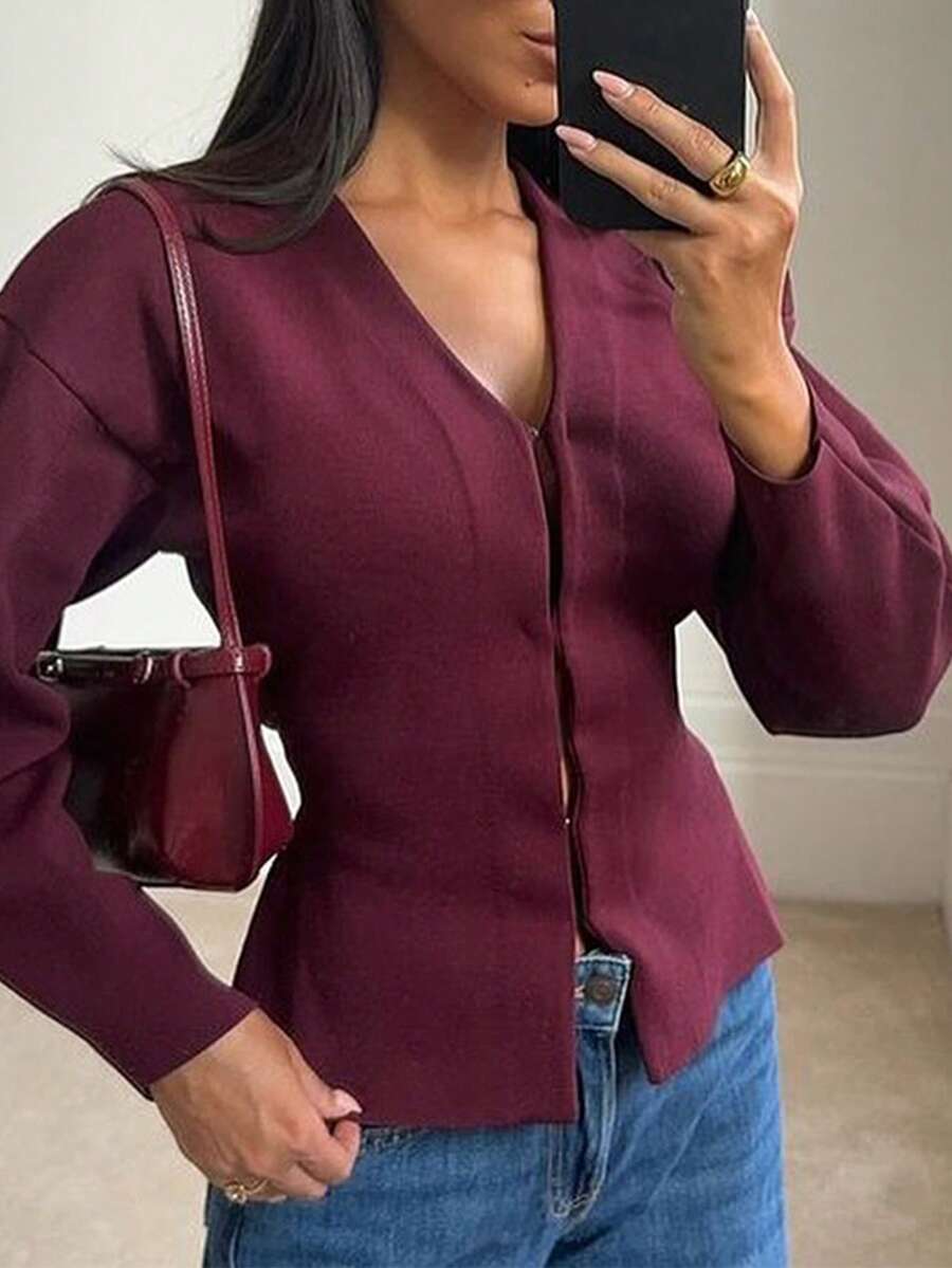 PoPoHouse Women's Elegant Solid-Color Knit Sweater With Dropped Shoulders For Women, Suitable For Autumn And Winter, Fashionable As An Outerwear Piece.