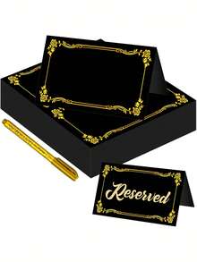 50/30 Peças Elegantes Cartões de Lugar Pretos com Folha de Ouro, Cartões Dobráveis com Bordas de Folha de Ouro, Cartões de Lugar Pretos e 1 Caneta Dourada, Adequados para Casamentos, Menus, Bufês, Festas, Eventos, Formaturas, Cartões Florais, Cartões de Feriados