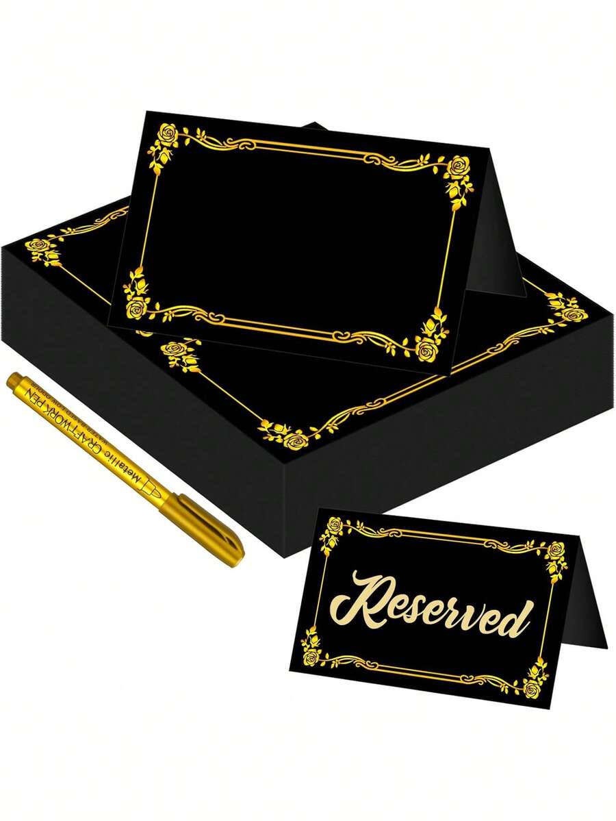 50/30 Peças Elegantes Cartões de Lugar Pretos com Folha de Ouro, Cartões Dobráveis com Bordas de Folha de Ouro, Cartões de Lugar Pretos e 1 Caneta Dourada, Adequados para Casamentos, Menus, Bufês, Festas, Eventos, Formaturas, Cartões Florais, Cartões de Feriados