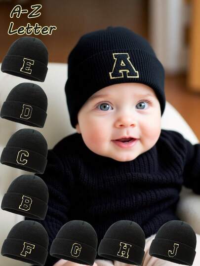 1顶儿童针织帽，印有26个字母图案，纯色针织帽，女童帽，保暖户外帽，秋冬季