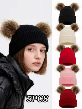 5 件成人仿毛绒球针织帽套装，女士秋冬保暖便帽，纯色简约时尚百搭冬帽，适合日常户外穿着，温暖配饰，冬季保暖的绝佳礼物