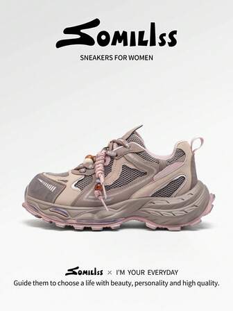 somiliss Zapatos deportivos casuales antideslizantes para mujer, con cordones frontales, malla transpirable y cómoda, zapatillas gruesas con plataforma de 5 cm de altura, de moda personalizada, adecuados para uso diario, color rosa (suela con color de abrasión)
