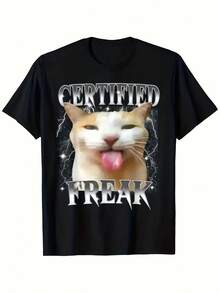 Camiseta Negra "Certified Freak" con Gráfico Humorístico de Horror - Gato Blanco y Naranja Lamiendo Sus Patas, Texto Metálico Negrita, Manga Corta, Cuello Redondo, Lavable a Máquina y  para Lavado en Seco - Perfecta para Halloween y Ropa Casual, Camisetas de Halloween - Negro - Ver 8