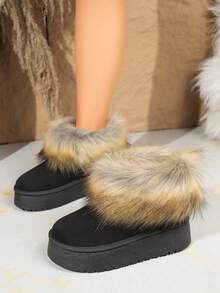 36-41 Faux Fur Lined Warm Thick Sole Snow Boots, Colorblock, Christmas, Punk Style Retro Fluffy Rhinestone Thick Sole Snow Boots, Suitable For Vacation & Outdoor Winter