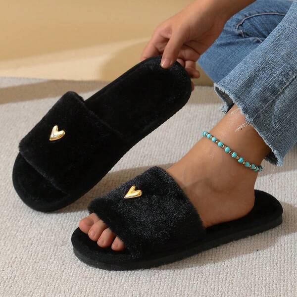 Women's High-End Fashion Heart Decor Plush Slippers, Soft & Comfortable Soft-Sole Lightweight, Suitable For Living Room And Bedroom, All Seasons