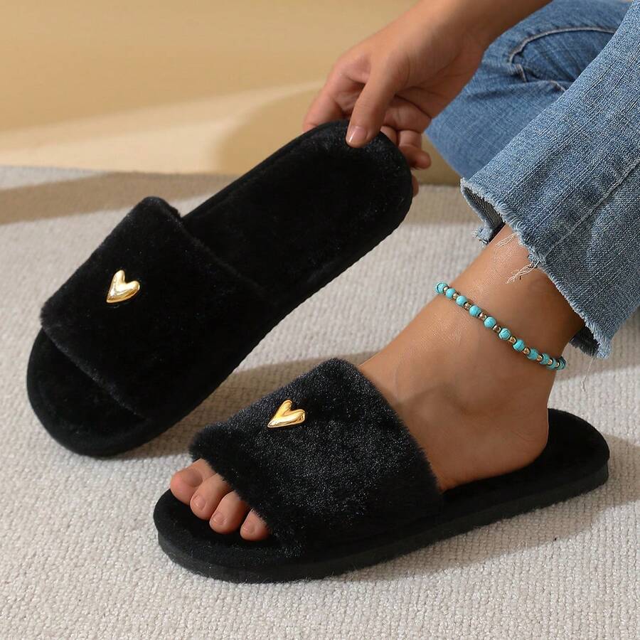 Women's High-End Fashion Heart Decor Plush Slippers, Soft & Comfortable Soft-Sole Lightweight, Suitable For Living Room And Bedroom, All Seasons - Black - View 1