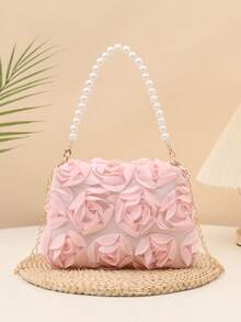 1pc Elegant 3D Rose Flower Shoulder Bag, Metal Chain Crossbody Bag, Faux Pearl Handbag, Women's Party Dress, Party Bag, Holiday Party Dress, Valentine's Gift, Bridal Bag, Bridesmaid Bag, Suitable For Party, Date, Wedding, Evening (Pattern Random) 1pc Fashionable Floral Handbag, Pearl Decor Chain Shoulder Bag, Floral Fabric, New Summer Fashion Women Bag, Versatile Crossbody Bag, Shoulder Bag, Lightweight Clutch Suitable For Party, Nightclub, Shopping, Date ,Wedding , Pink , Valentines Gifts, Pearl Bag, Party Bags, Wedding Items, Lace - Pink - View 3