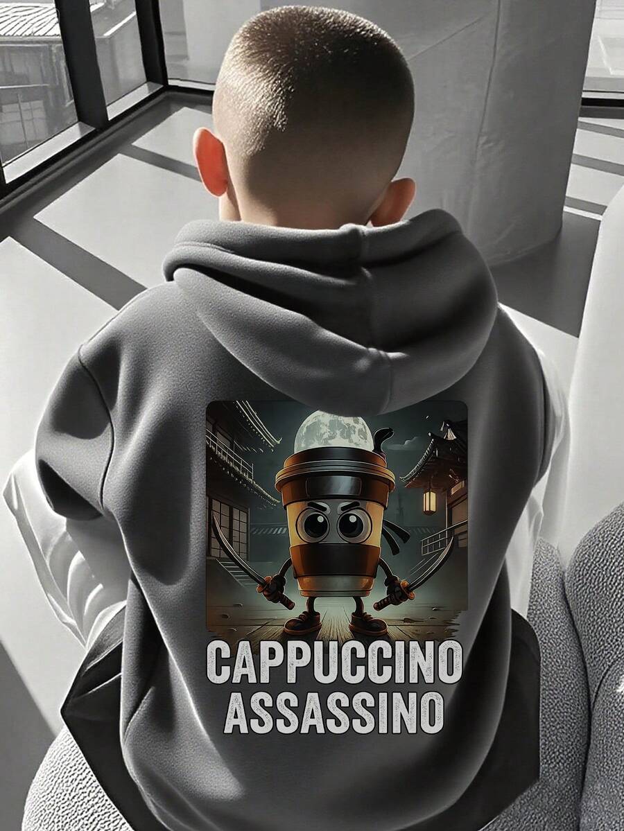 1pc Tween Boy Casual Printed Pullover Sweatshirt, Thermal Lined, Long Sleeve, Autumn/Winter - Dark Grey - View 1
