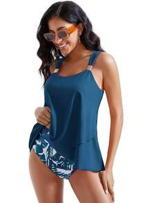 High Waisted Ruffle Tankini Swimsuit Plus Size Tummy Control - Blue Floral - View 7