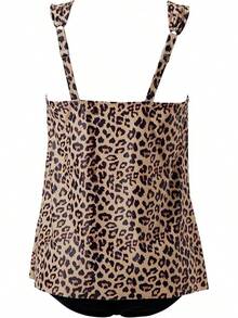 High Waisted Ruffle Tankini Swimsuit Plus Size Tummy Control - Leopard - View 9