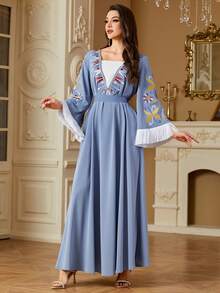 Women's Elegant Robe, Dubai Style Floral Embroidery Contrast Color Block Tassel Moroccan Abaya Robe, Eid Mubarak Long Sleeve Robe Spring - Blue and White - View 5