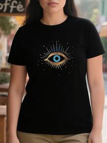 Camiseta Tops casuales de mujer con estampado ojo artístico 220 g de algodón puro grueso y cómodo - Negro - Ver 1