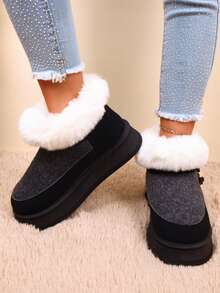 1 Pair Plus Size 36-42 Contrast Quilted Punk Preppy College Sports Avant-Garde Retro Cargo Style Faux Fur Lining Bowknot Faux Fur Edge Lace-Up Thick Sole Snow Boots, Suitable For Holiday, Outdoor, Winter