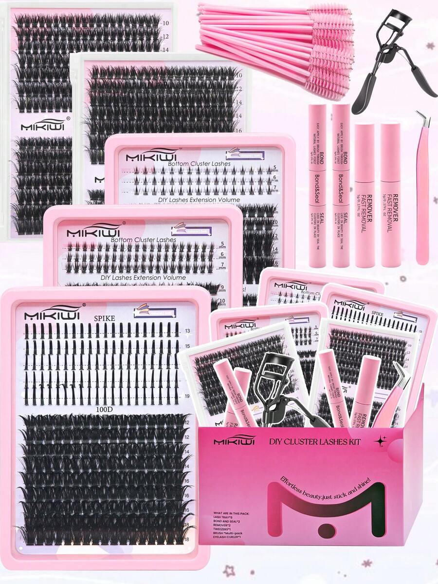 1310Pcs High Capacity Lashes Kit 5 Trays D Curl Fluffy Lash Clusters Eyelash Extension Gift Kit Multiple Styles Mixed Length Eyelash Curler Set Spike Lashes With 2 Lash Bond&Seal 2 Lash Removers 1Tweezers 30 Lash Brush 1 Lash Curl,DIY Fluffy Eyelash Extension At Home With Spike Lashes,Bottom Lashes - 黑色 - 查看 1