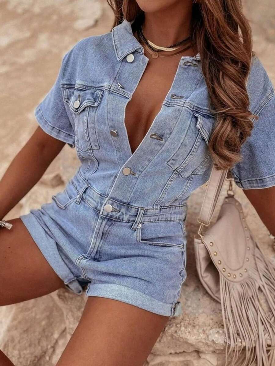 HERTALK Loose Vintage Denim Jumpsuit Shorts Rompers For Women - Màu xanh lam - Xem 1