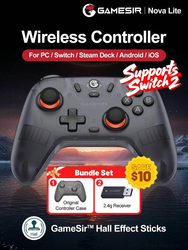 GAMESIR GameSir PC Gamepad Compatible With Nintendo Switch 2 Controller Nova Lite Joysticks For Switch Steam Deck Android IOS Mobile Phone Windows With Hall Effect Sticks,With Original Controller Protective Case Cost-Effective Controle,Analog Triggers 2 Rotor Vibration Motors Turbo Function,Gaming Console Accessories,600mAh Lithium Battery,Wireless,2.4G Or Wired Connected,Translucent Black