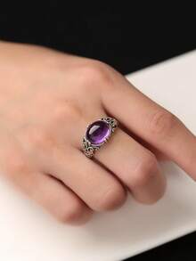 1pc 10*12mm Natural Amethyst Ring 925 Sterling Silver Vintage Gorgerous Gems Men Women's Ring Adjustable Open Bands Jewelry Birthstone Gift