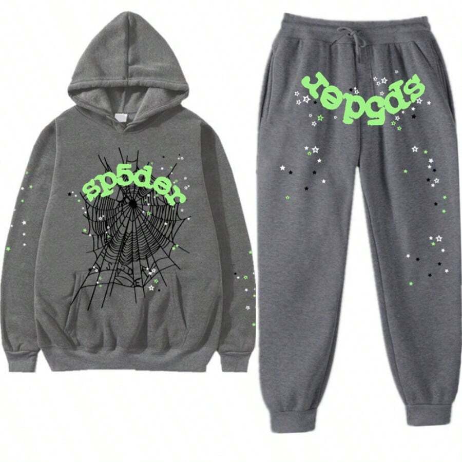 2-Piece Hip-Hop Fashion Printed Sweatshirt Set For Loose Hooded Sports Sweatshirts For Men And Women - Xám - Xem 1