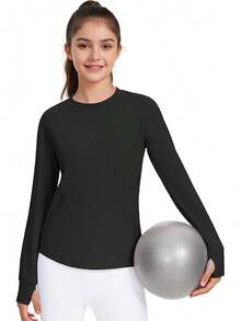 Girls Long Sleeve Shirts Athletic Shirt With Thumb Holes Kids Crew Neck Basic Tee Tops For Sports Gym Yoga - 黑色 - 查看 2